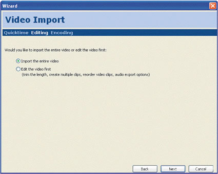 The Second Step of the Video Import Wizard